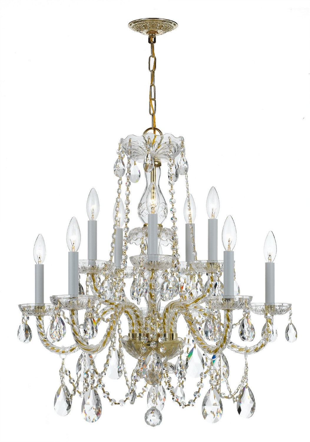 Traditional Crystal Ten Light Chandelier in Polished Brass