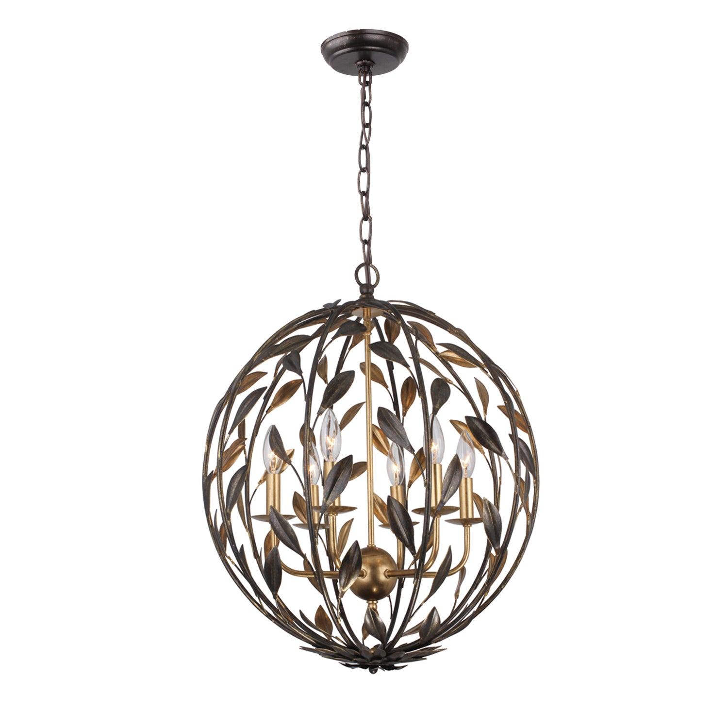 Broche Six Light Chandelier in English Bronze + Antique Gold