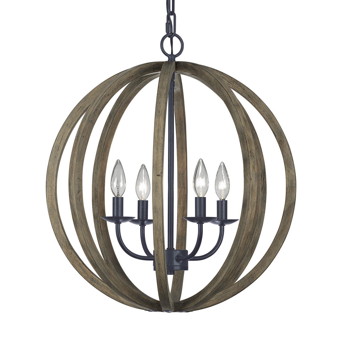 Suspension Allier à quatre lumières en chêne vieilli et fer forgé antique