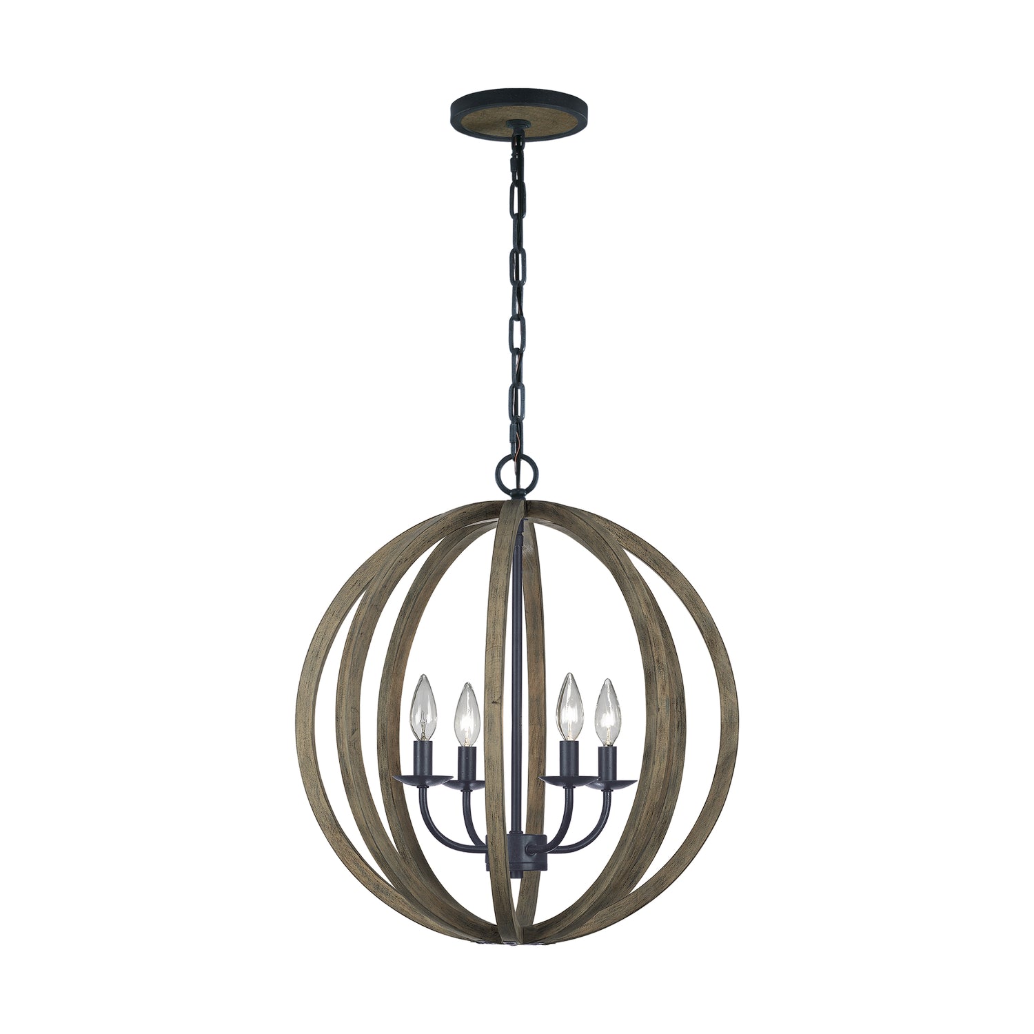 Suspension Allier à quatre lumières en chêne vieilli et fer forgé antique