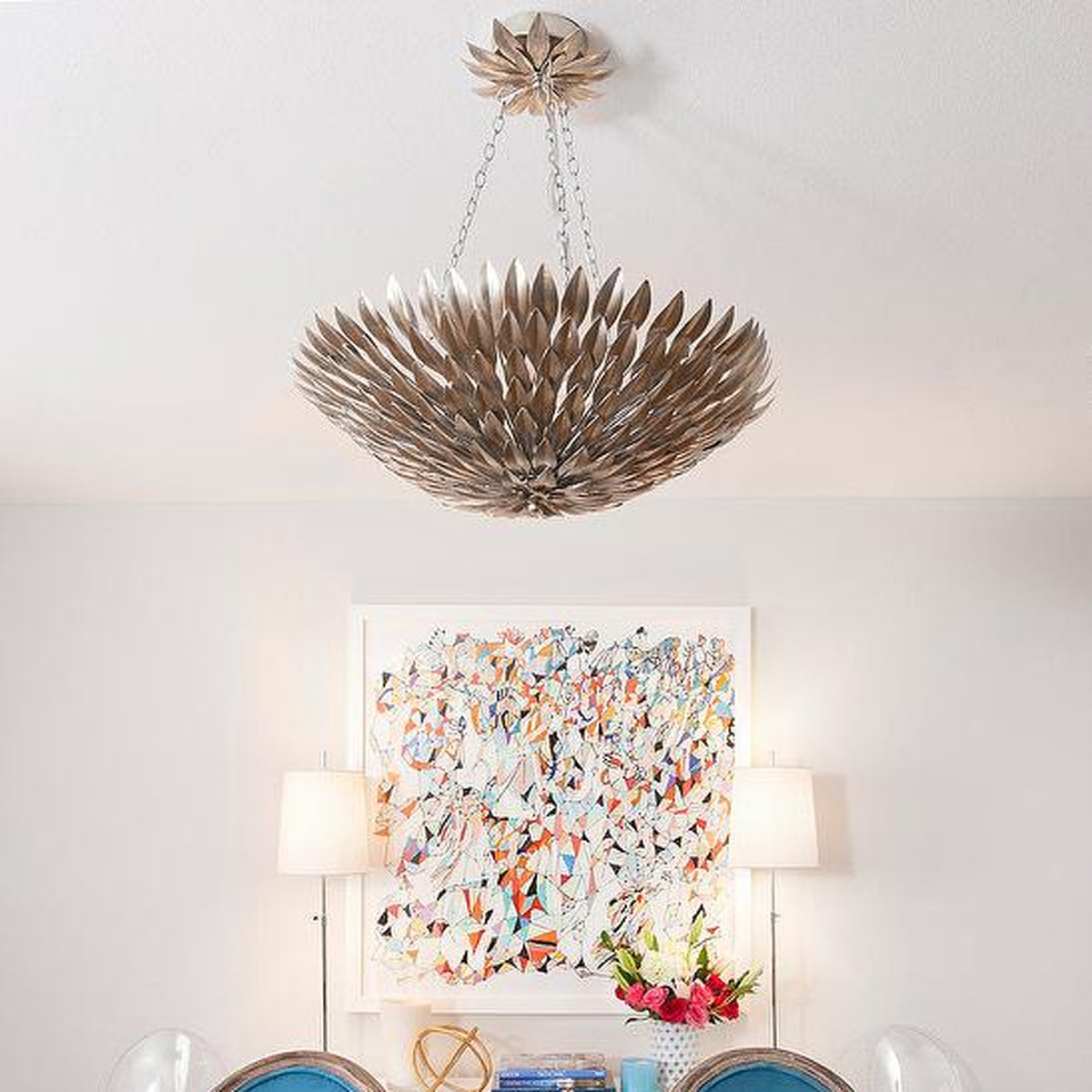 Broche Eight Light Chandelier in Antique Silver