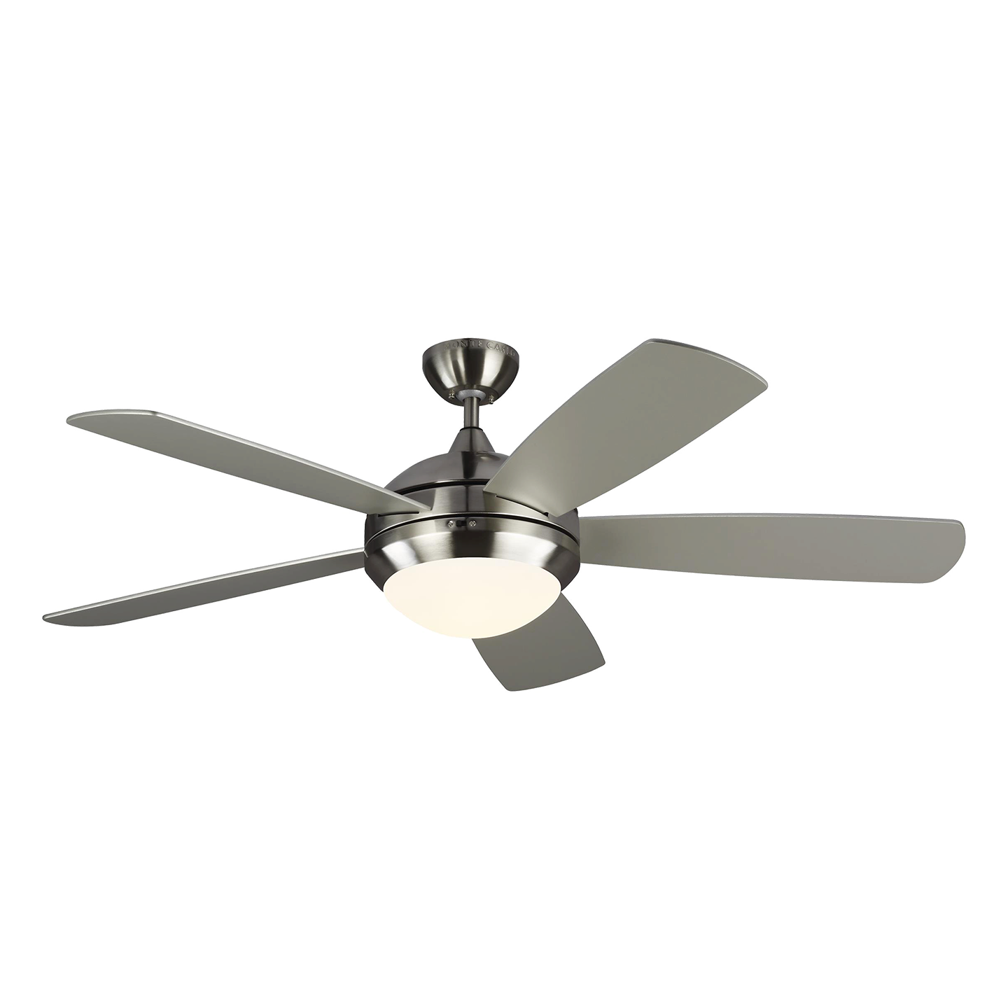 Discus Smart 52-inch indoor 5-blade smart ceiling fan in brushed steel finish with energy-efficient reversible DC motor, remote control integrated LED light kit included and compatible with Alexa, Google Home, and Bond Home Action