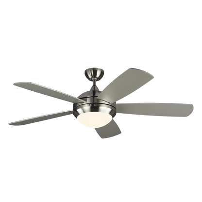 Discus Smart 52-inch indoor 5-blade smart ceiling fan in brushed steel finish with energy-efficient reversible DC motor, remote control integrated LED light kit included and compatible with Alexa, Google Home, and Bond Home Action