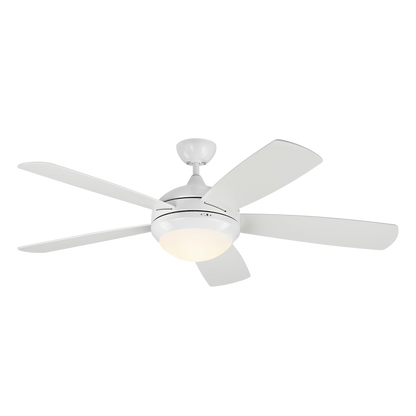 Discus Smart 52-inch indoor 5-blade smart ceiling fan in matte white finish with energy-efficient reversible DC motor, remote control, integrated LED light kit included and compatible with Alexa, Google Home, and Bond Home Action