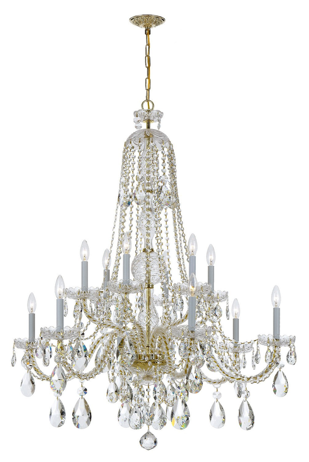 Traditional Crystal 12 Light Chandelier in Polished Brass