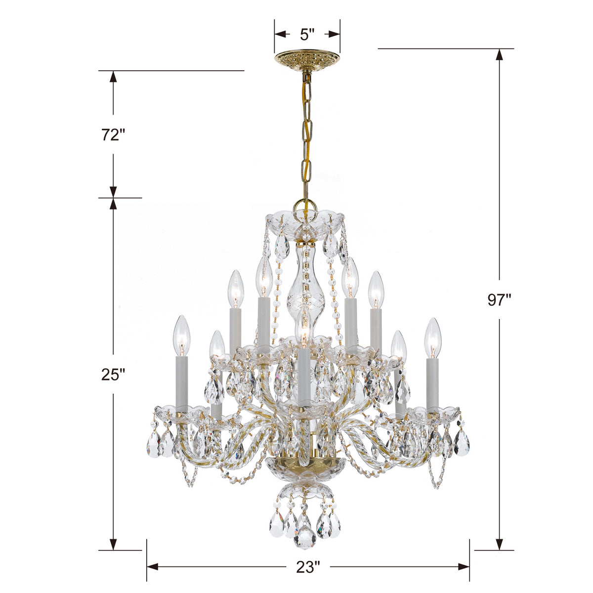 Traditional Crystal Ten Light Chandelier in Polished Brass