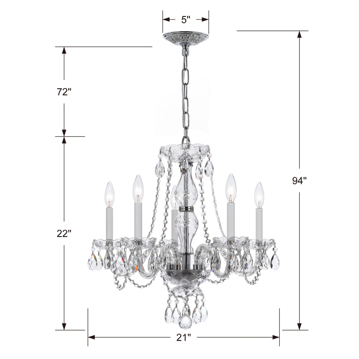 Traditional Crystal Five Light Chandelier in Polished Chrome