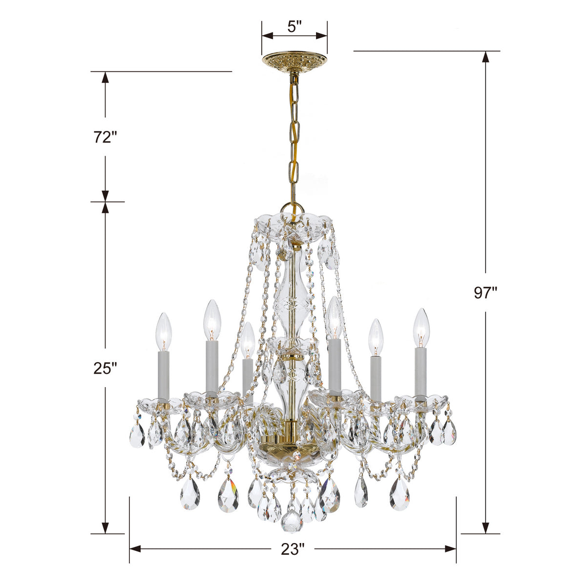 Traditional Crystal Six Light Chandelier in Polished Brass