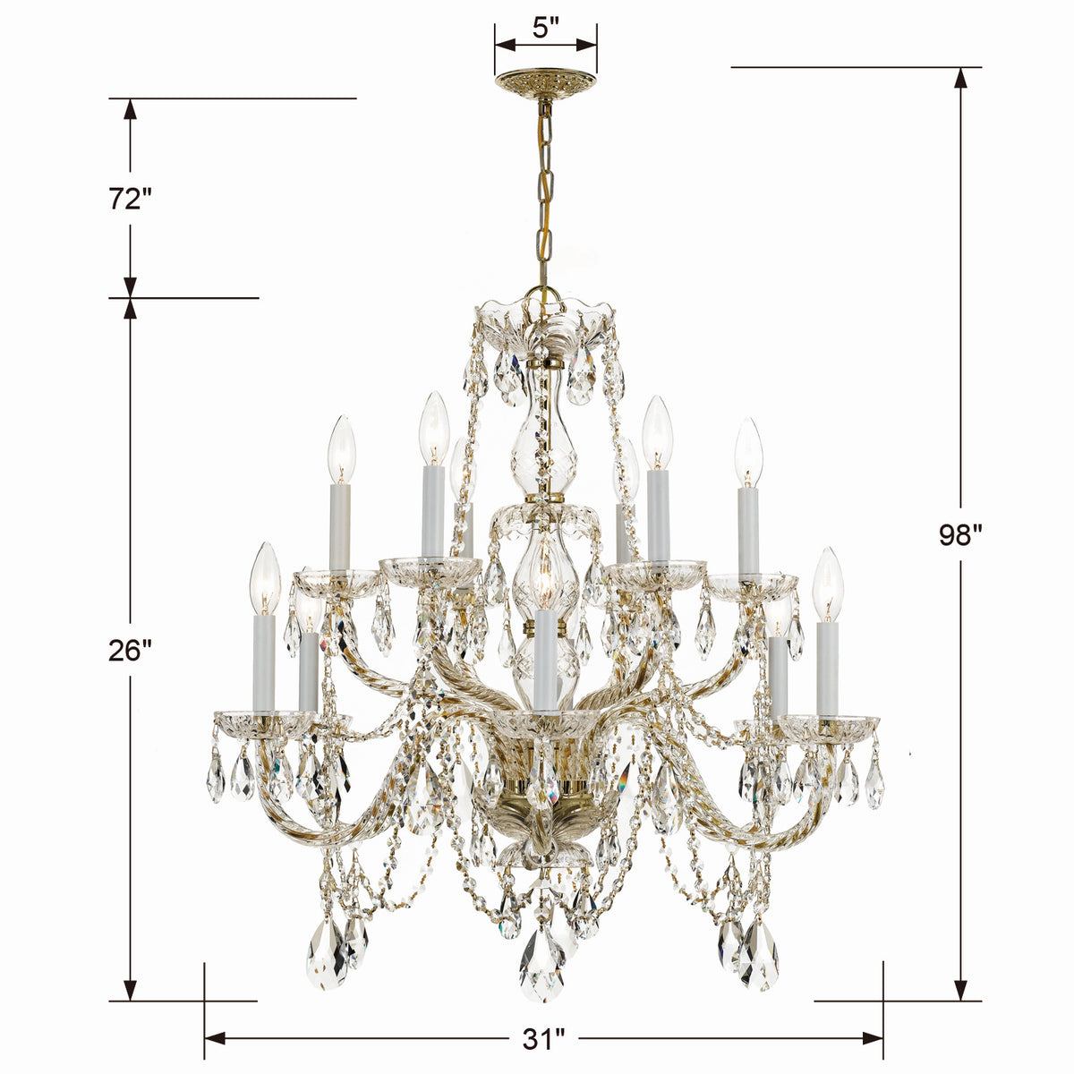 Traditional Crystal 12 Light Chandelier in Polished Brass