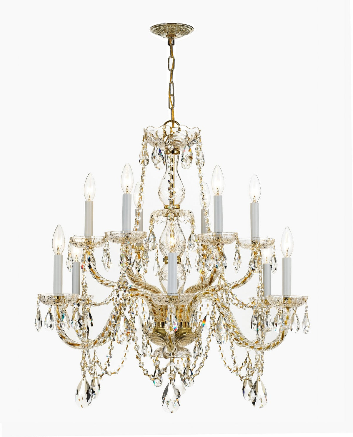 Traditional Crystal 12 Light Chandelier in Polished Brass
