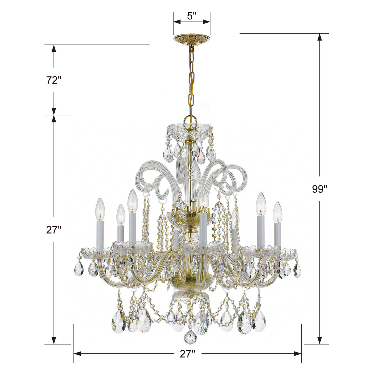 Traditional Crystal Eight Light Chandelier in Polished Brass
