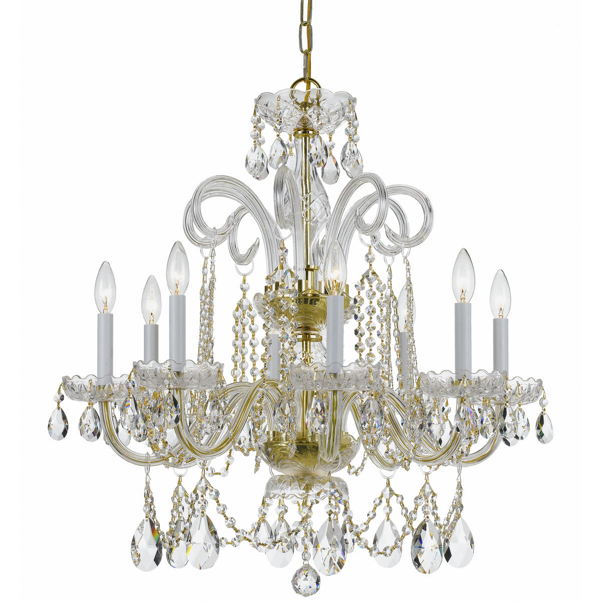 Traditional Crystal Eight Light Chandelier in Polished Brass
