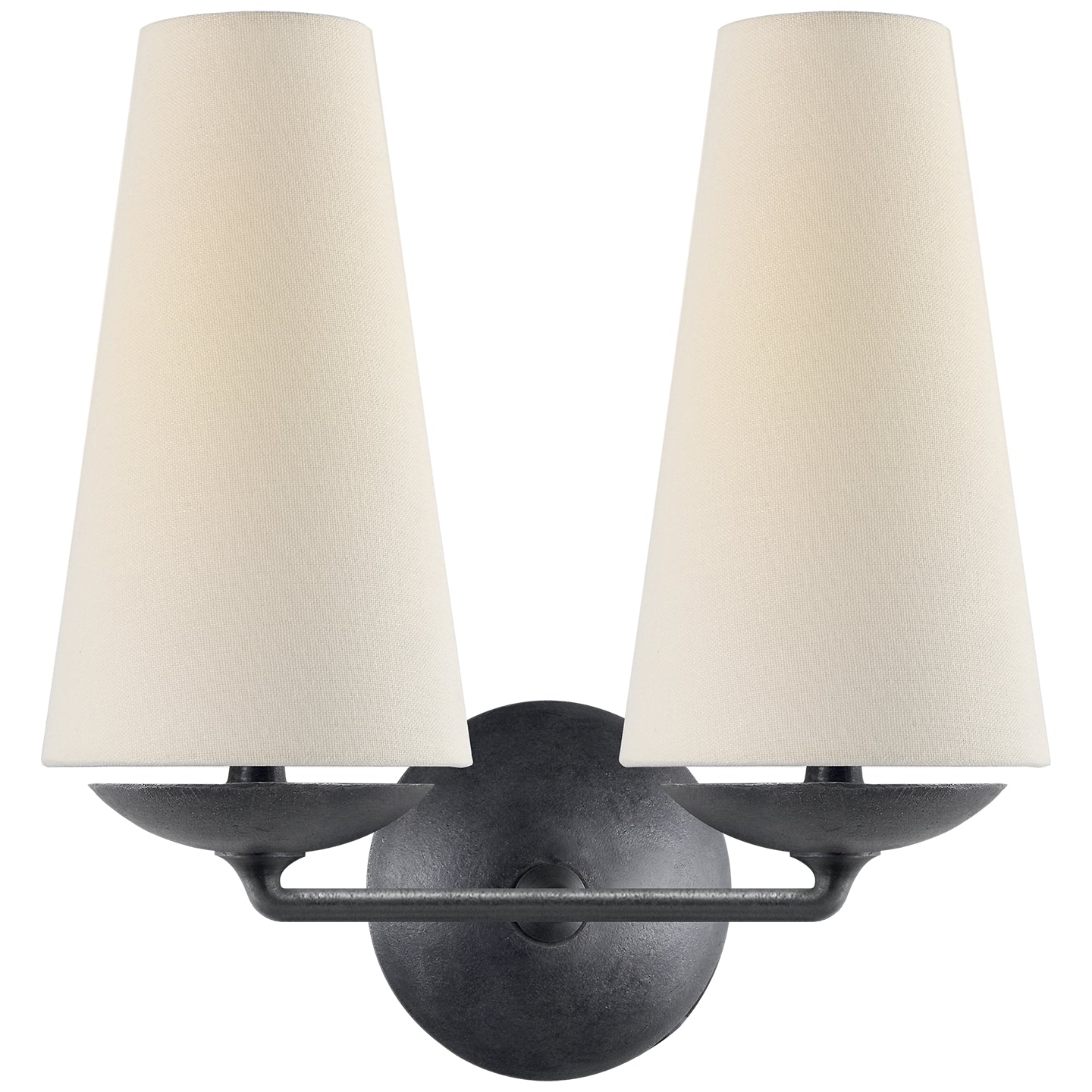 Fontaine Double Sconce in Aged Iron with Linen Shades