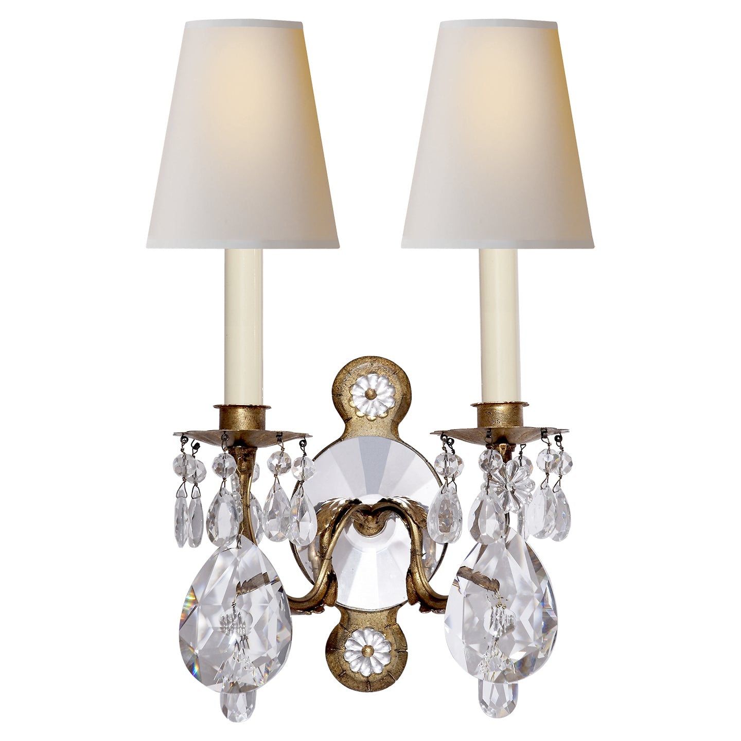 Yves Two Light Wall Sconce in Gilded Iron and Crystal