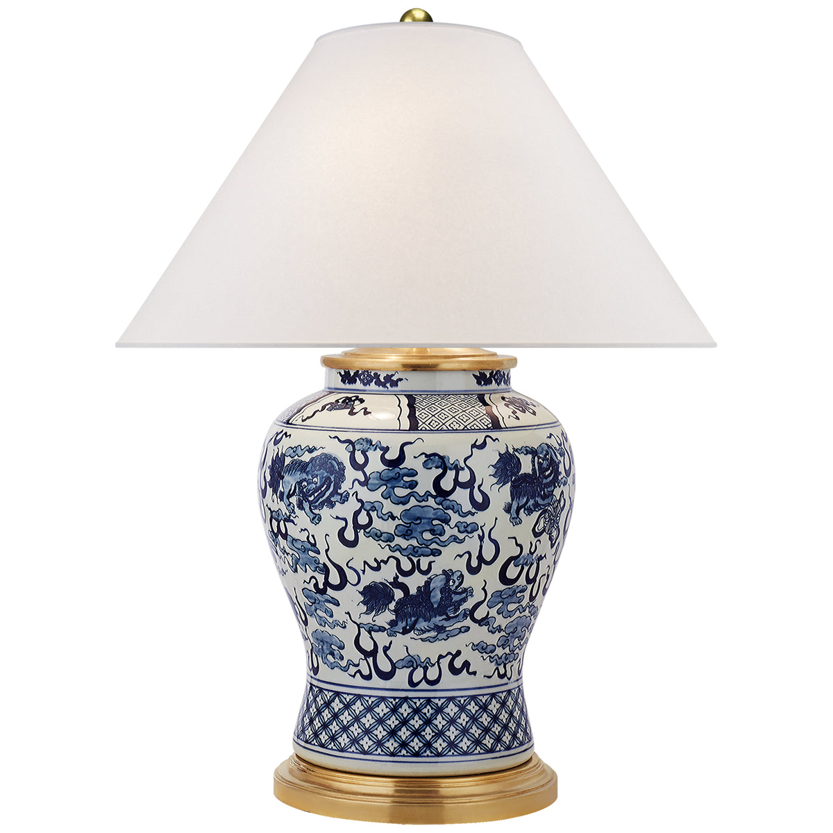 Lampe de table Foo Dog à deux lumières en porcelaine bleue et blanche