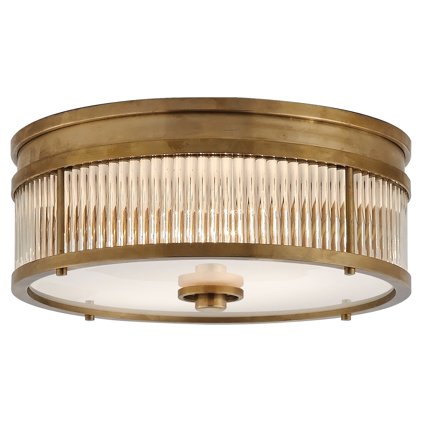 Allen Small Round Flush Mount in Natural Brass and Glass Rods with White Glass