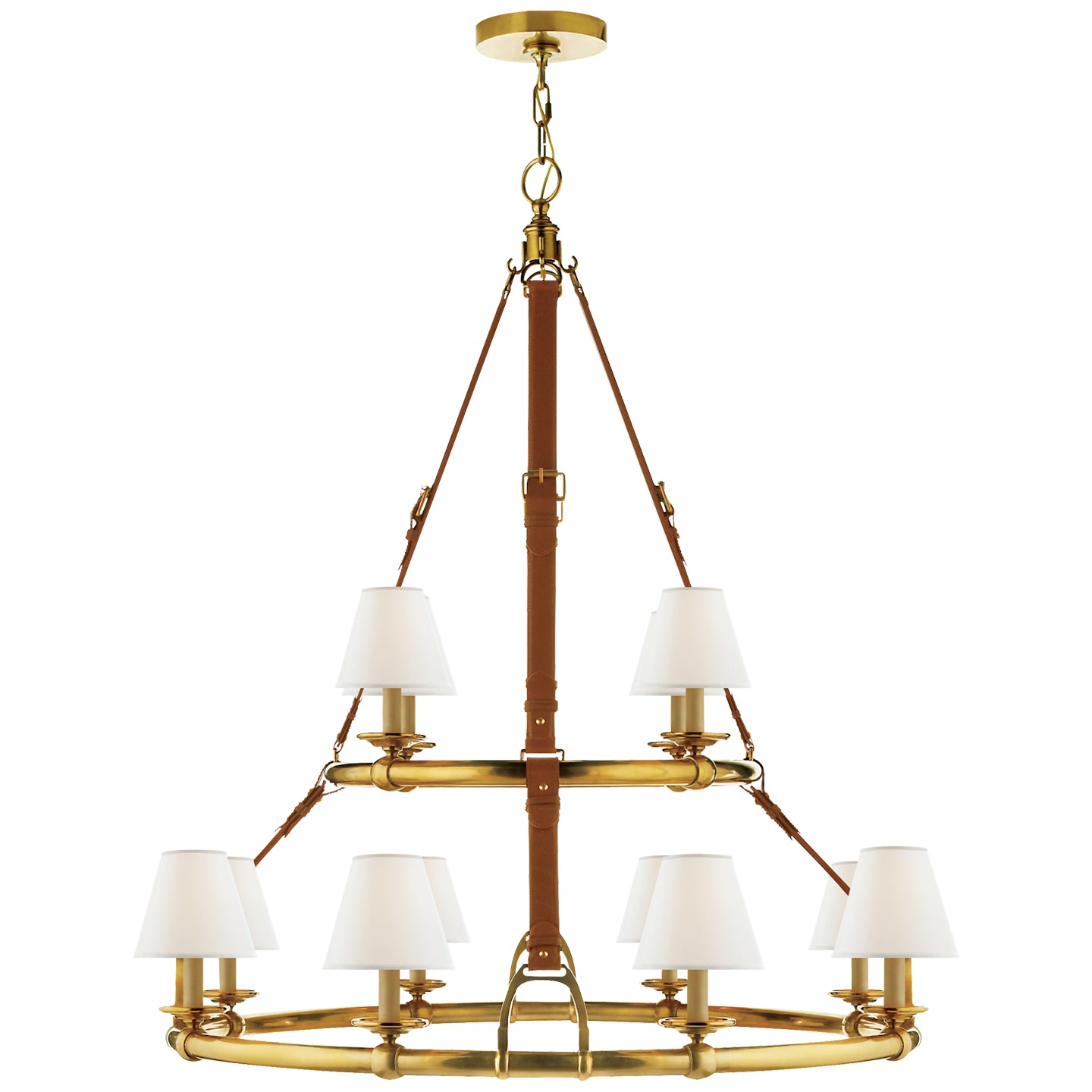 Westbury Double Tier Chandelier in Natural Brass and Saddle Leather w/ Linen Shades