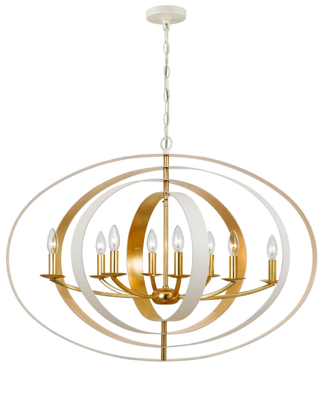 Luna Eight Light Chandelier in Matte White + Antique Gold