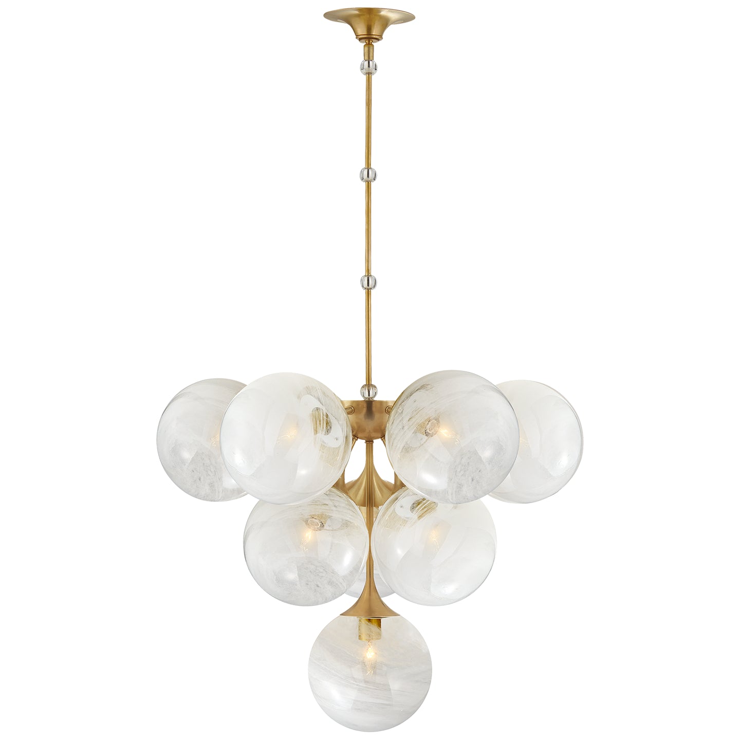 Cristol Tiered Chandelier in Hand-Rubbed Antique Brass with White Strie Glass