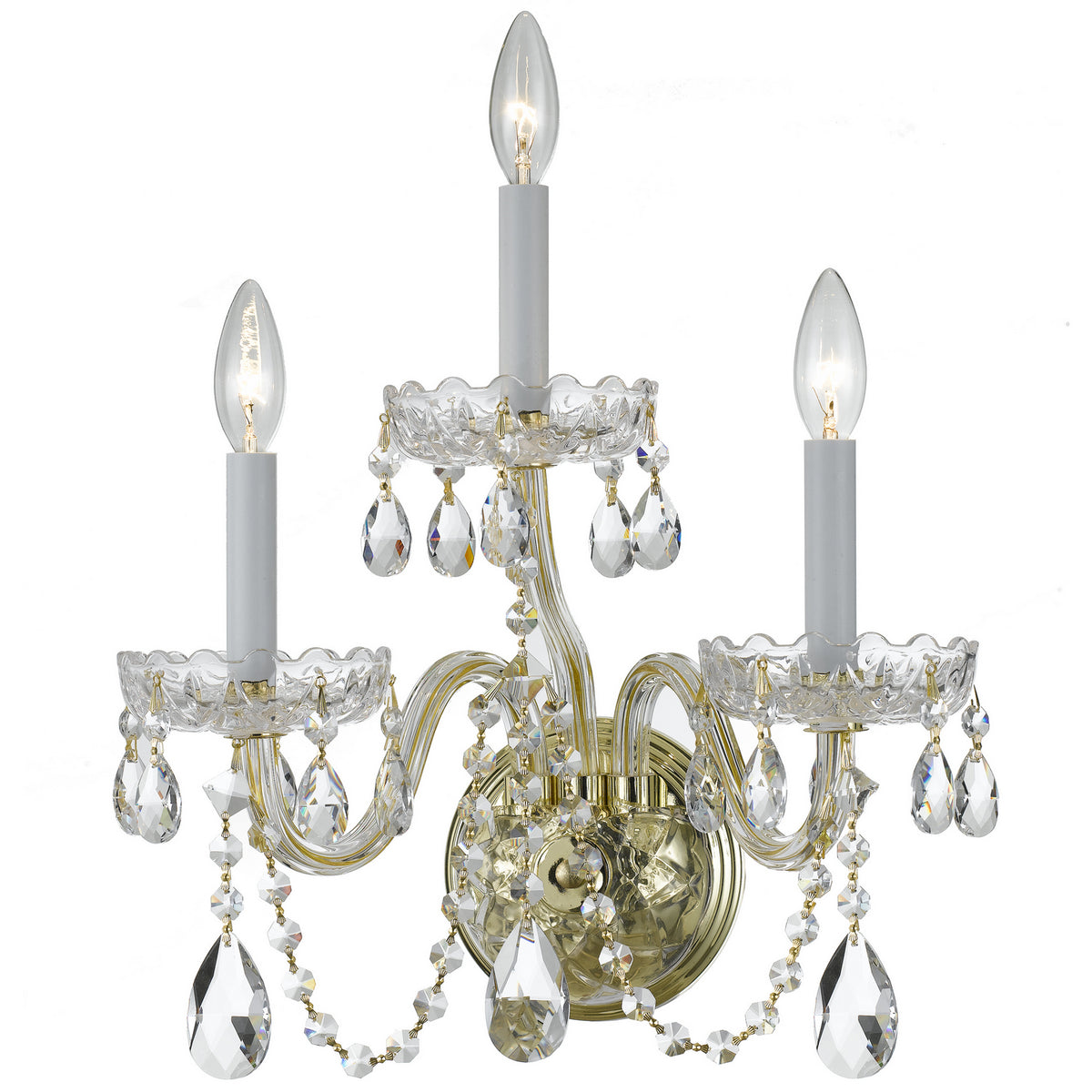 Traditional Crystal Three Light Wall Sconce in Polished Brass