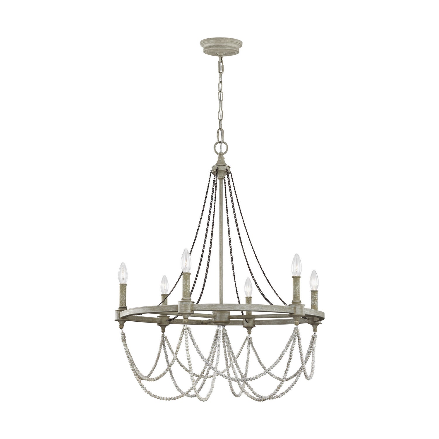 Lustre Beverly à six lumières en chêne blanchi à la française / bois blanc vieilli