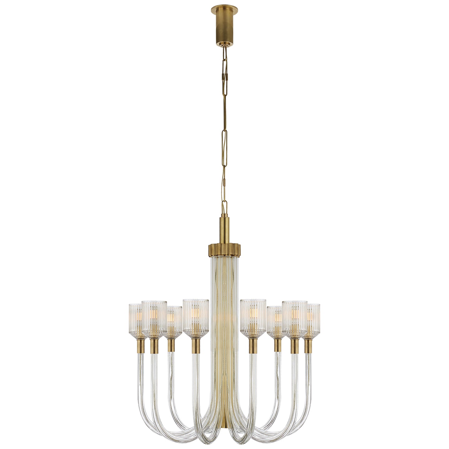 Reverie Medium Single Tier Chandelier in Clear Ribbed Glass and Antique-Burnished Brass.