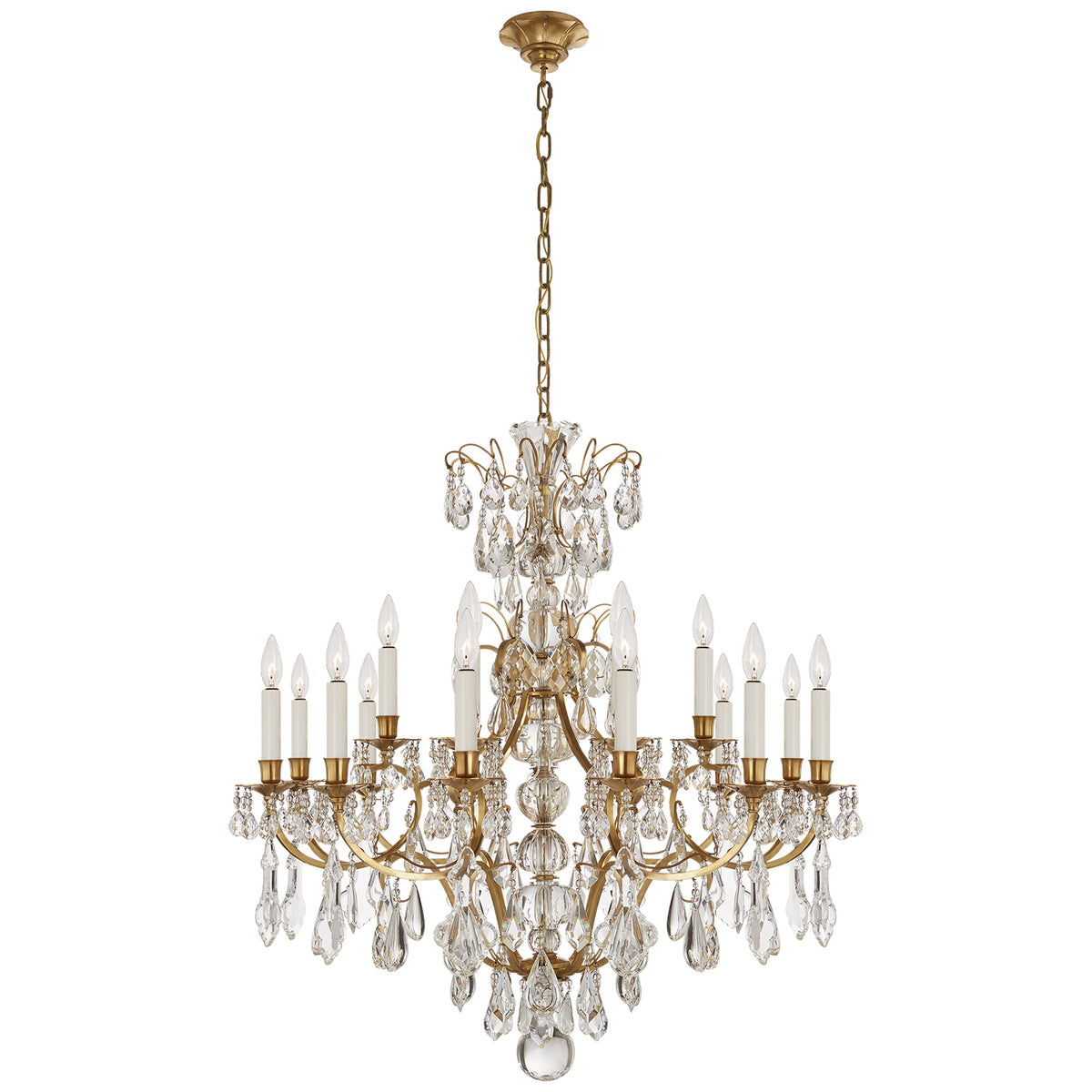 Lustre Antoinette à 18 lumières en laiton naturel et cristal
