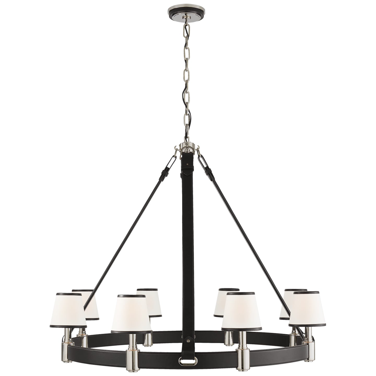 Riley Large Ring Chandelier in Polished Nickel and Chocolate Leather w/ Leather Trimmed Linen Shades