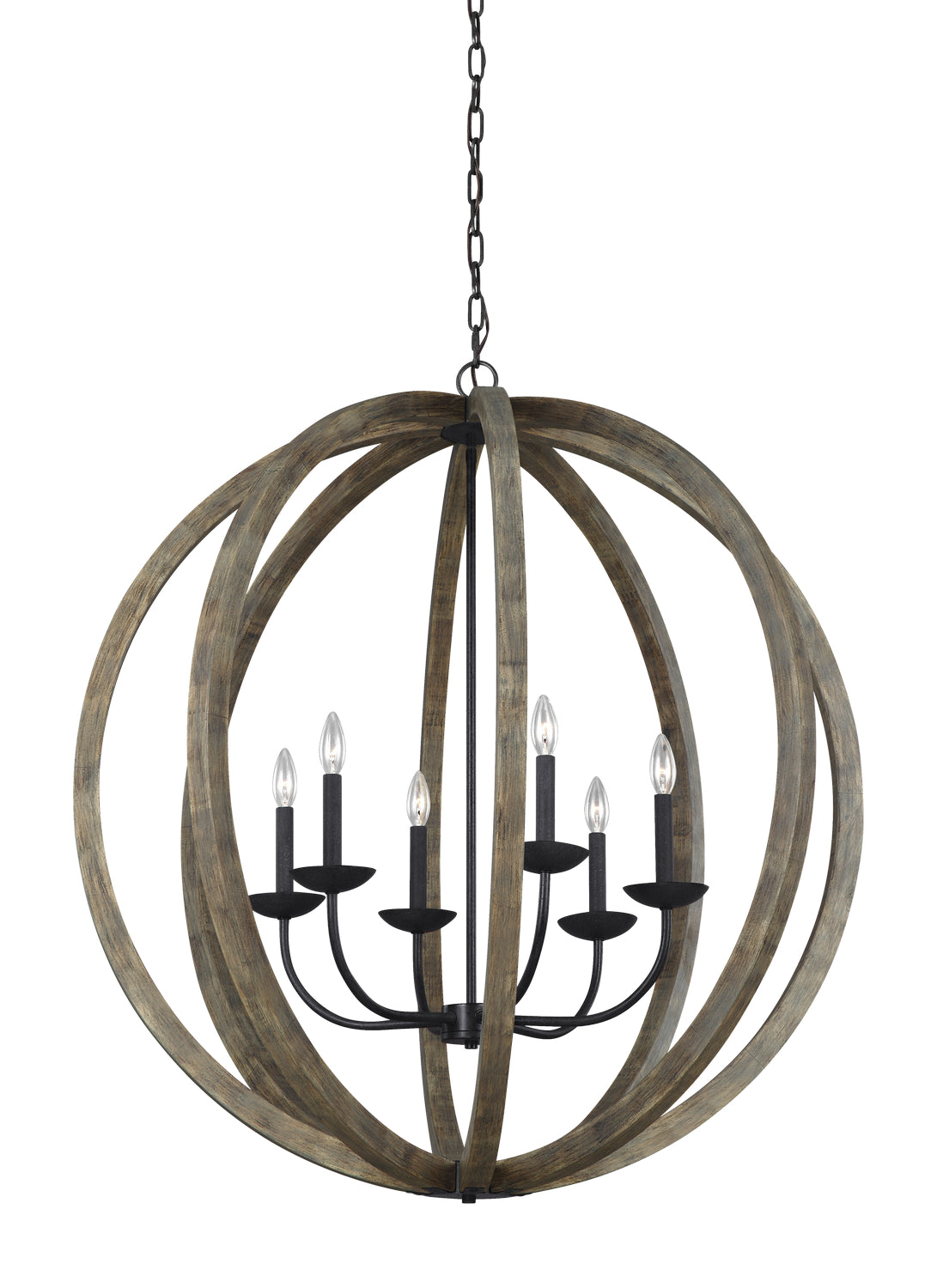 Allier Six Light Pendant in Weathered Oak Wood / Antique Forged Iron