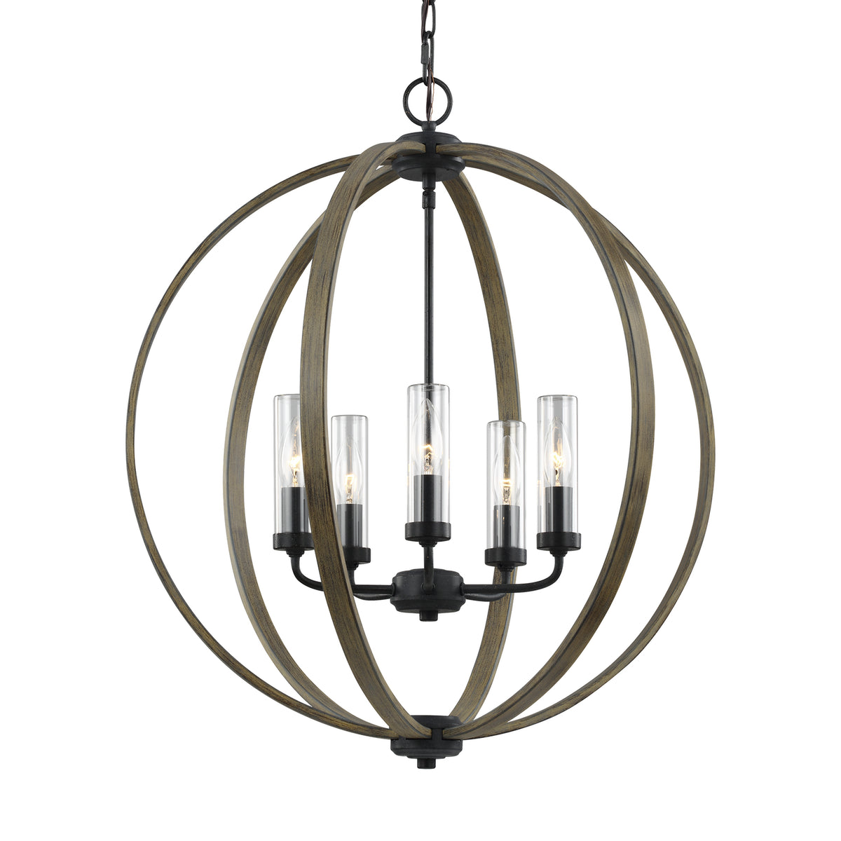 Allier Five Light Outdoor Chandelier in Weathered Oak Wood / Antique Forged Iron