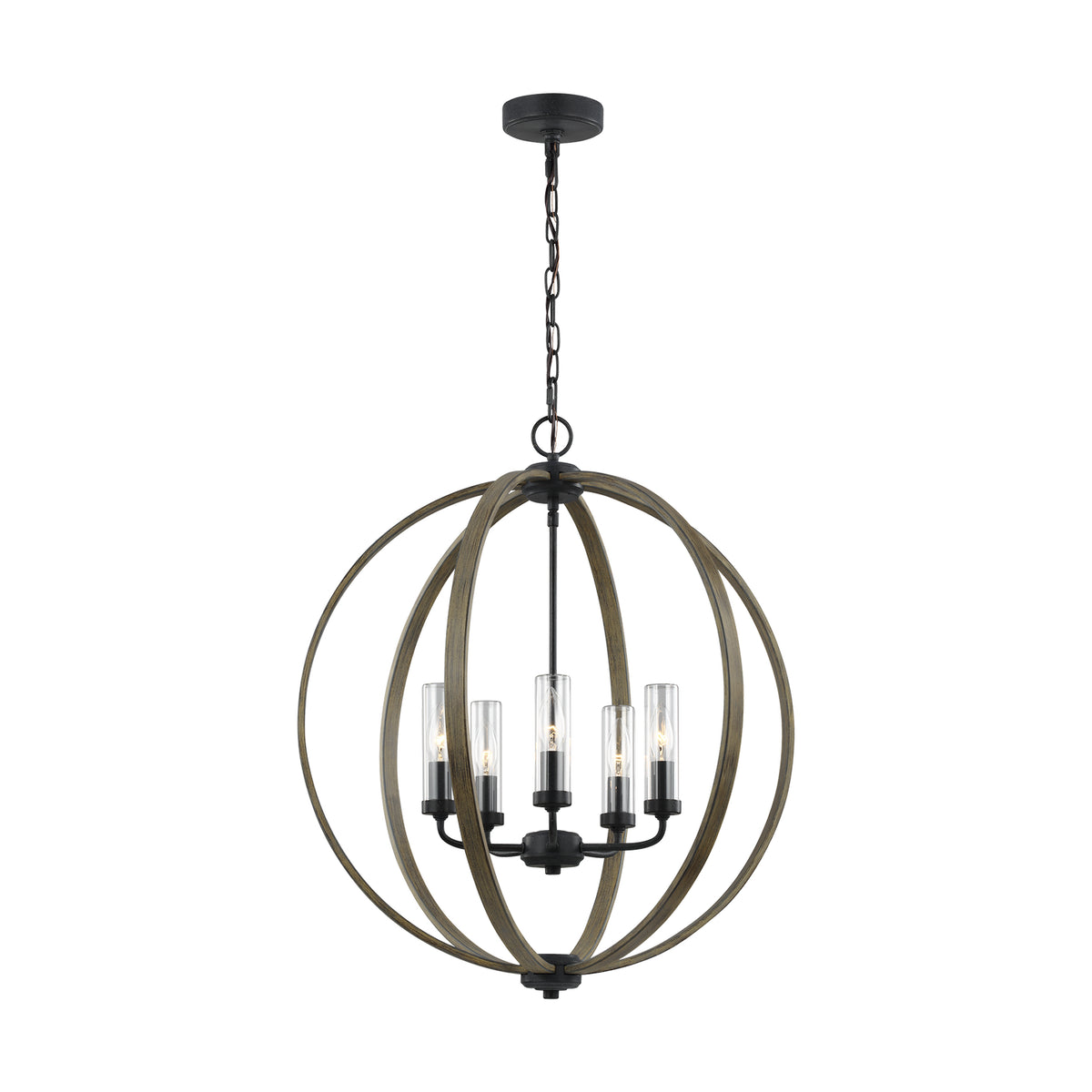 Allier Five Light Outdoor Chandelier in Weathered Oak Wood / Antique Forged Iron