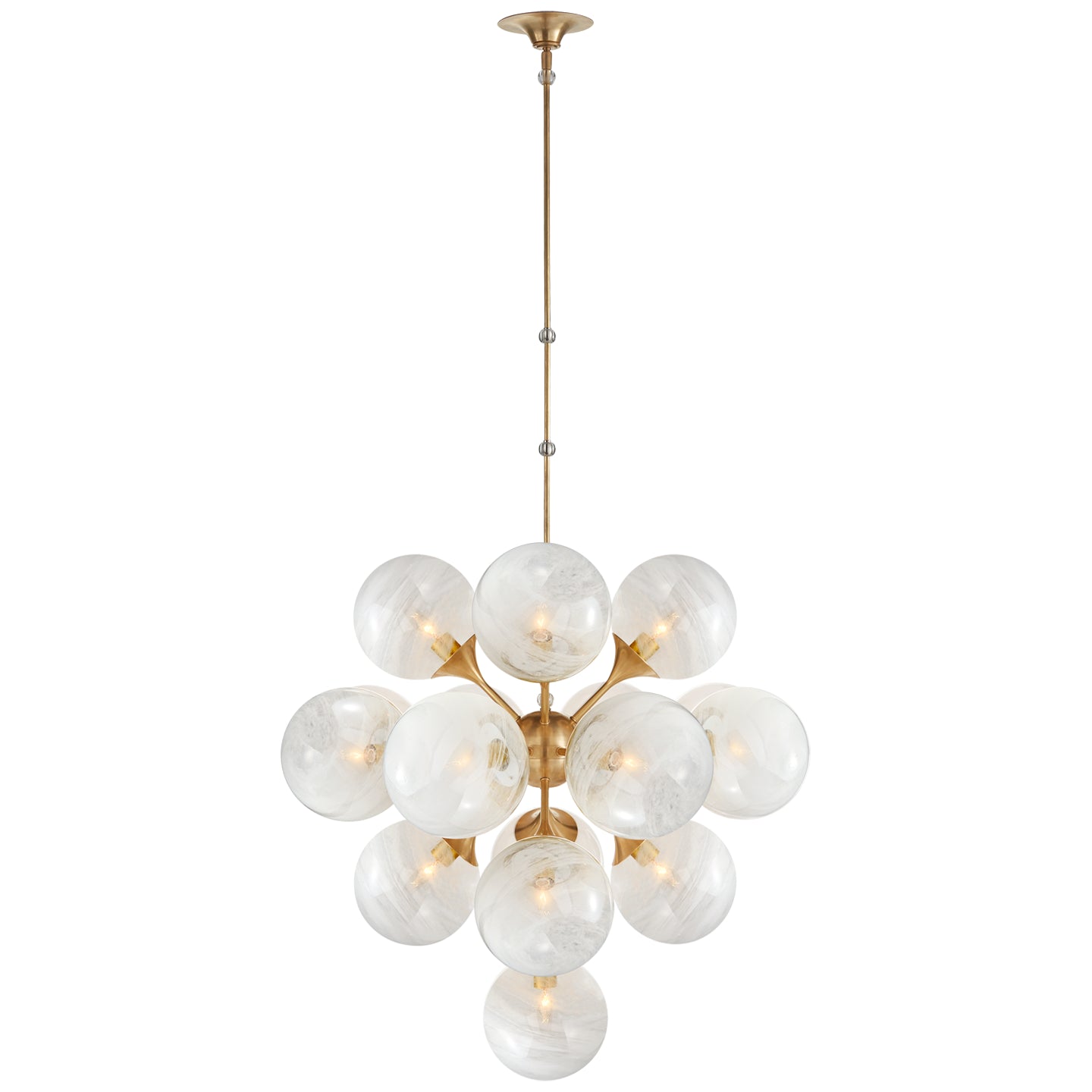 Cristol Large Tiered Chandelier in Hand-Rubbed Antique Brass with White Strie Glass