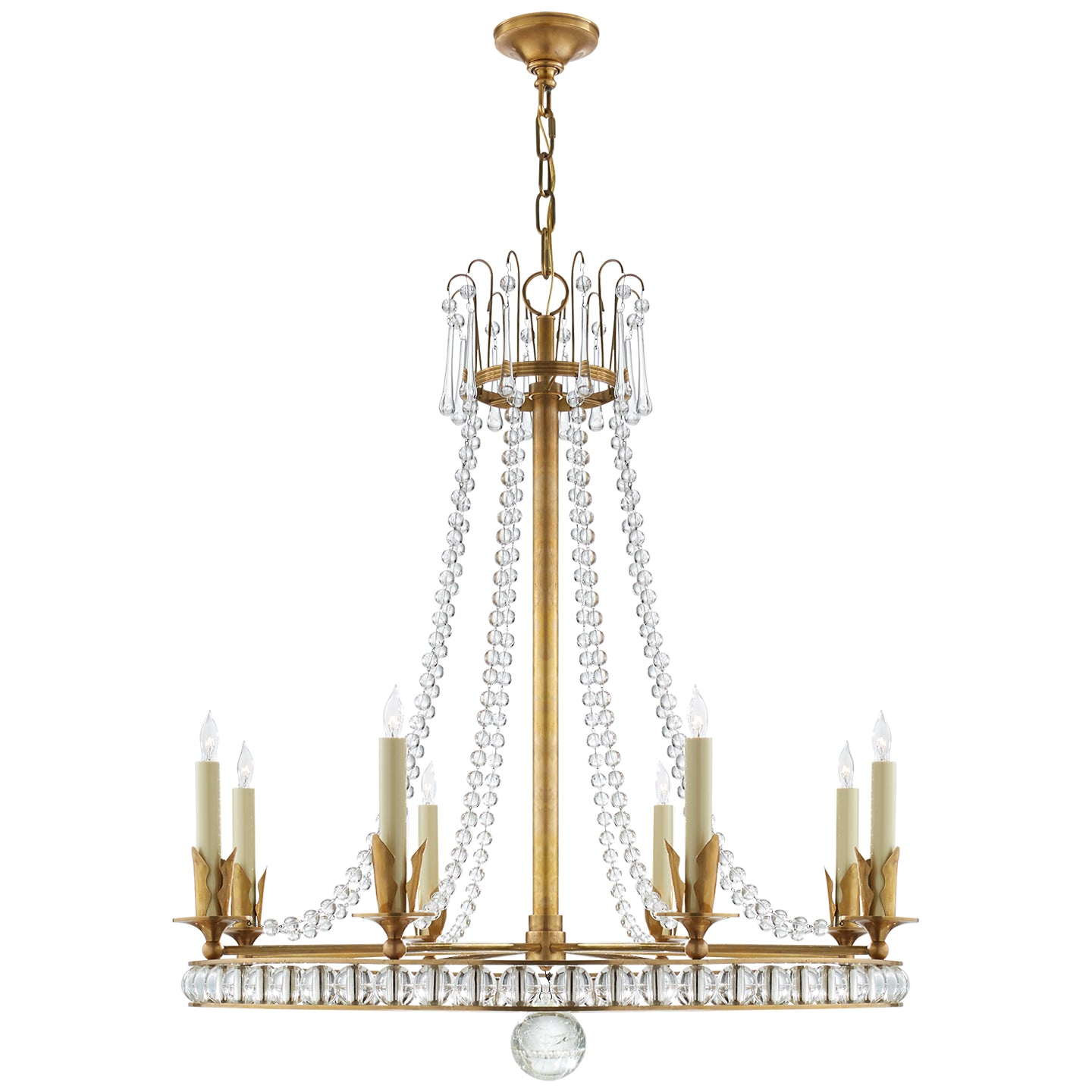 Regency Large Chandelier in Hand-Rubbed Antique Brass with Seeded Glass