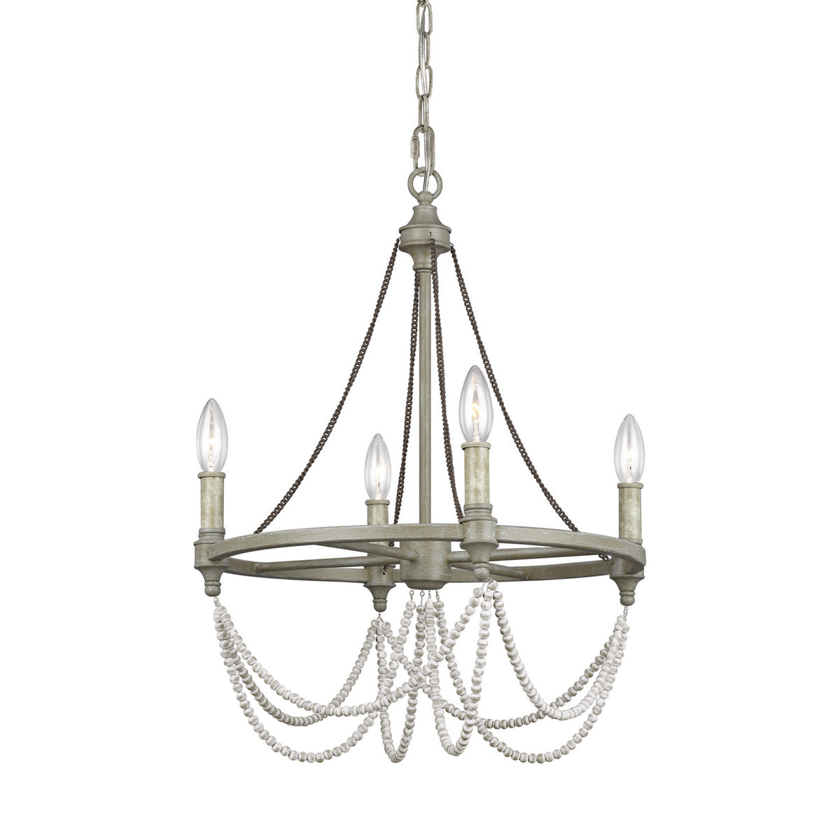 Lustre Beverly à quatre lumières en chêne blanchi à la française / bois blanc vieilli