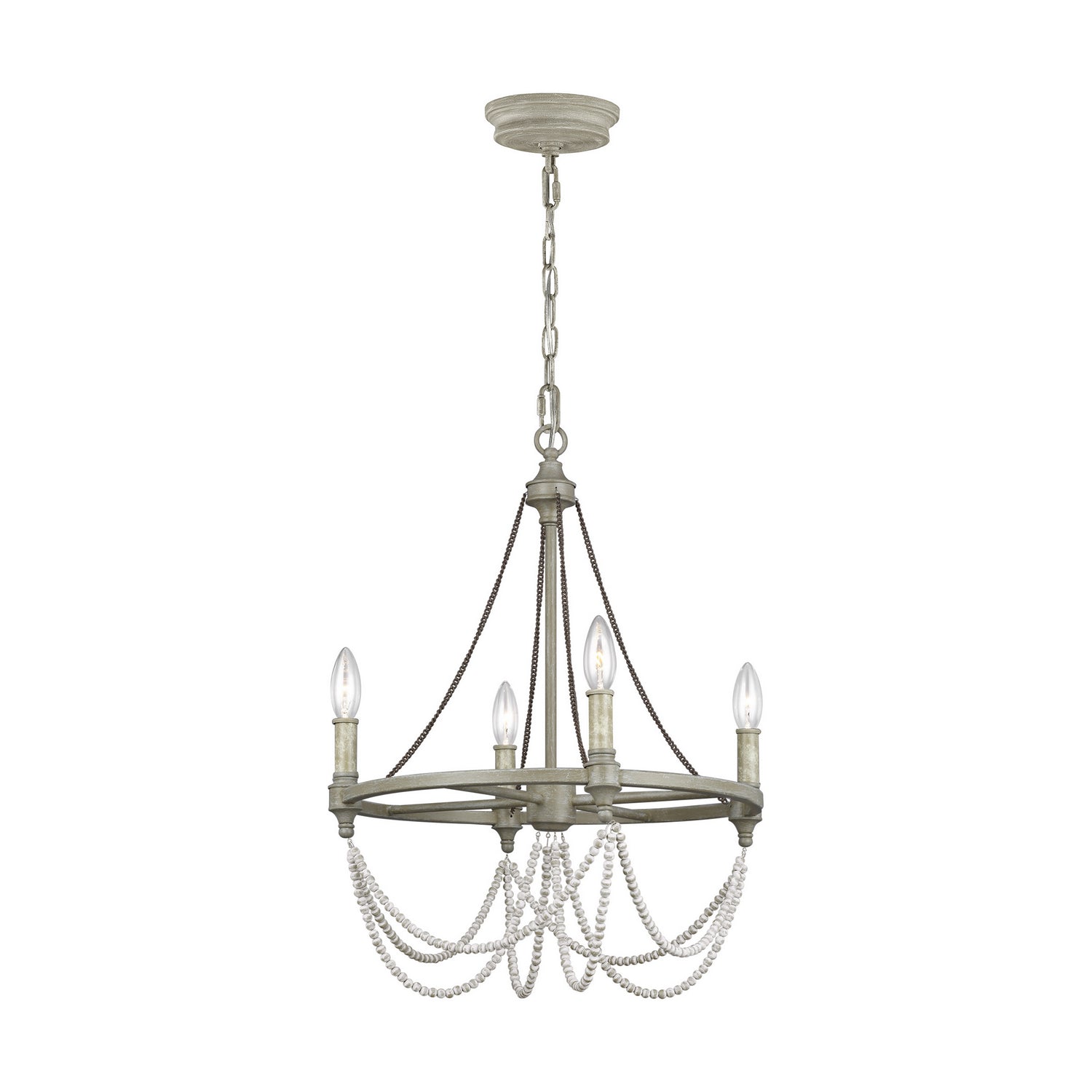 Lustre Beverly à quatre lumières en chêne blanchi à la française / bois blanc vieilli