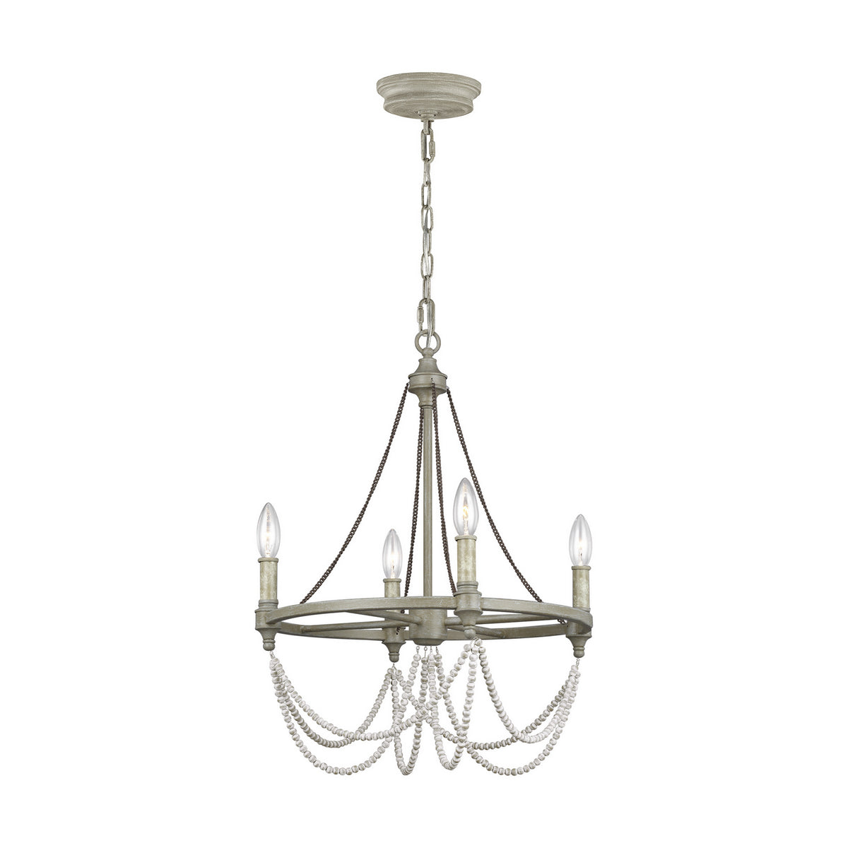 Lustre Beverly à quatre lumières en chêne blanchi à la française / bois blanc vieilli