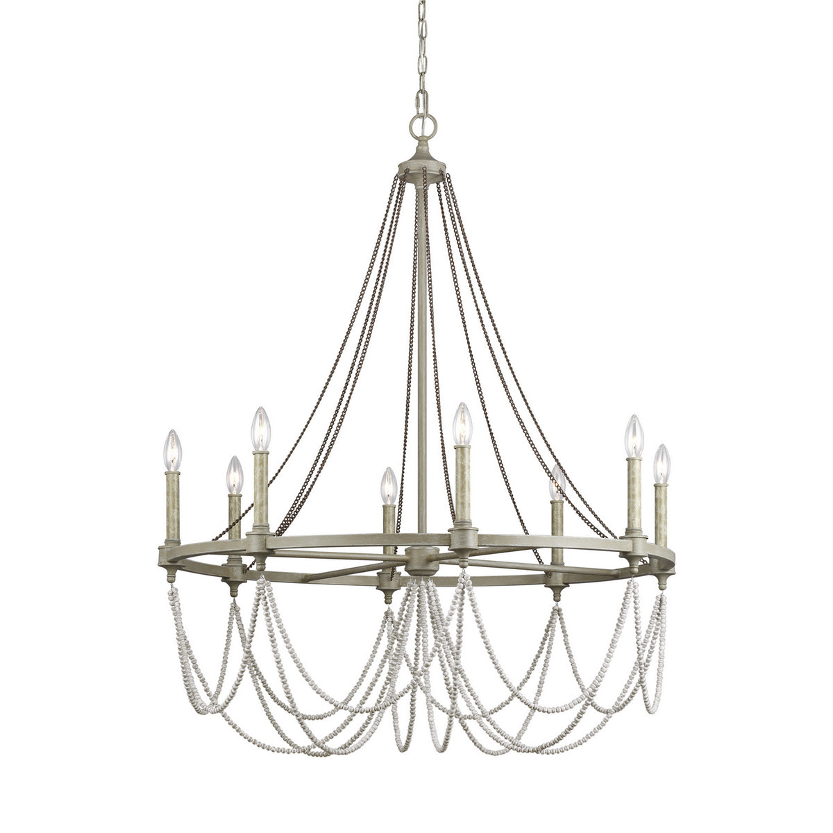 Lustre Beverly à huit lumières en chêne blanchi à la française / bois blanc vieilli