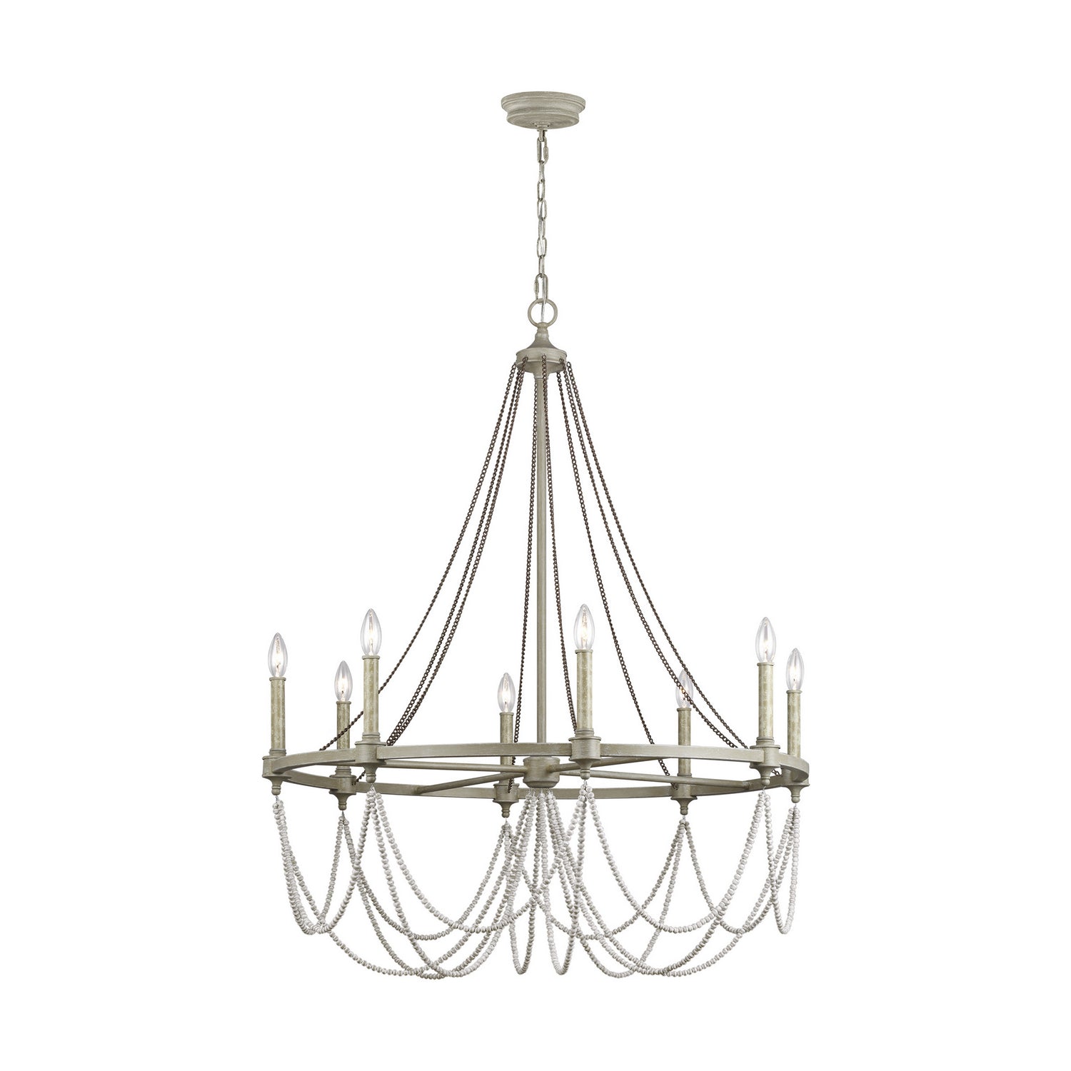 Lustre Beverly à huit lumières en chêne blanchi à la française / bois blanc vieilli
