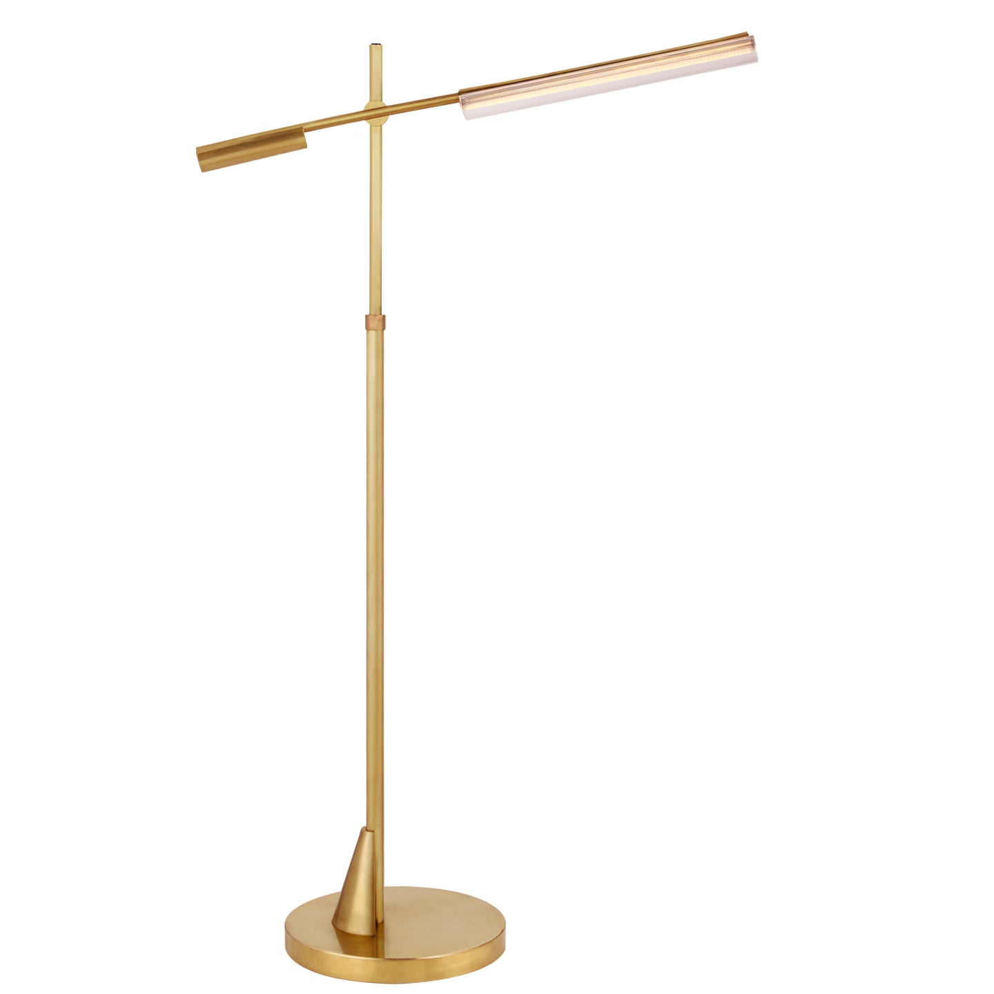 Daley Adjustable Floor Lamp in Natural Brass with Clear Acrylic.