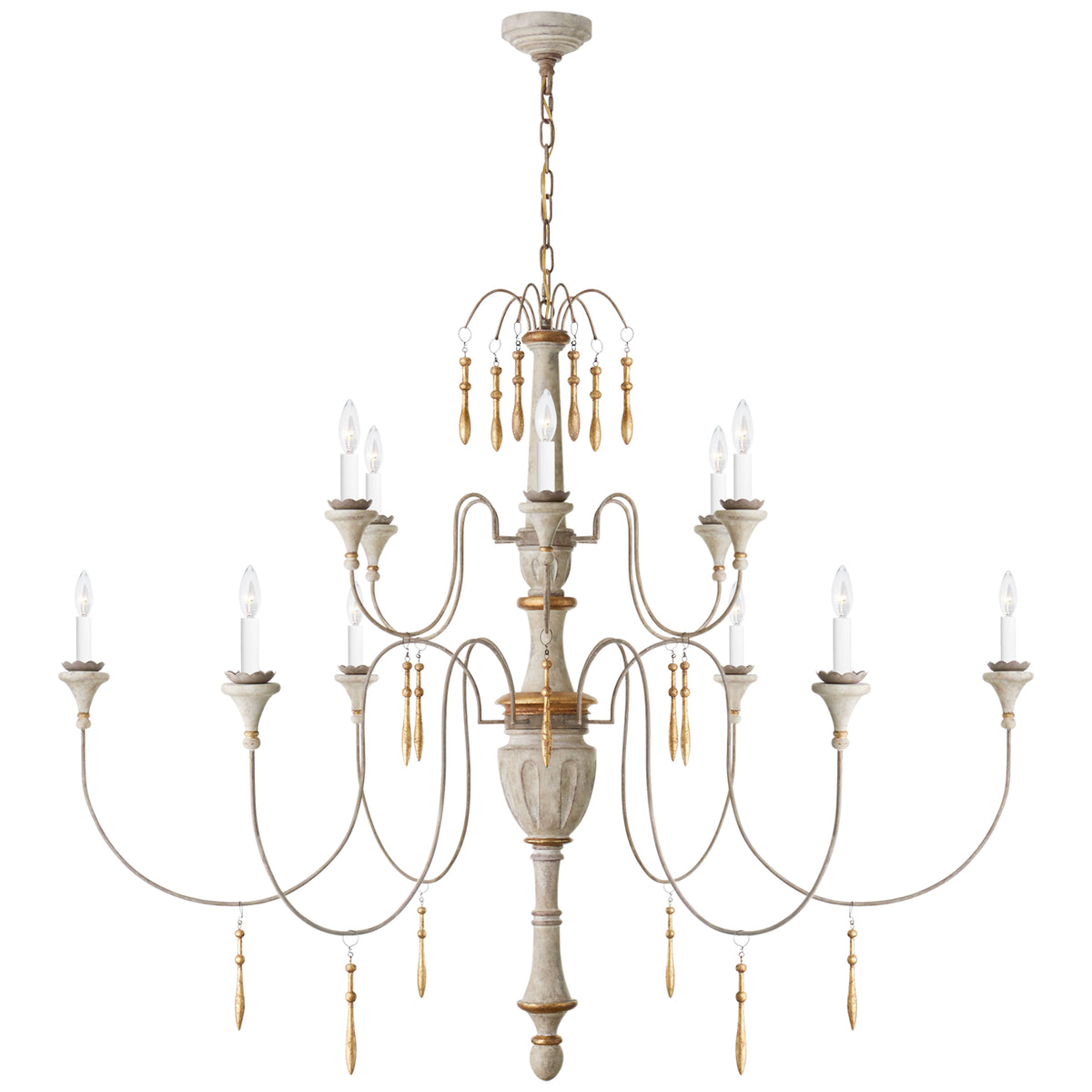 Lustre Fortuna à 12 lumières, blanc vintage et doré