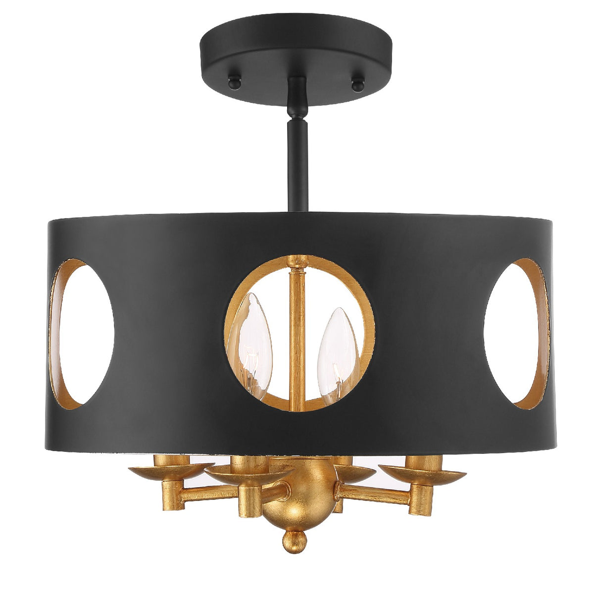 Odelle Four Light Semi Flush Mount in Black + Antique Gold