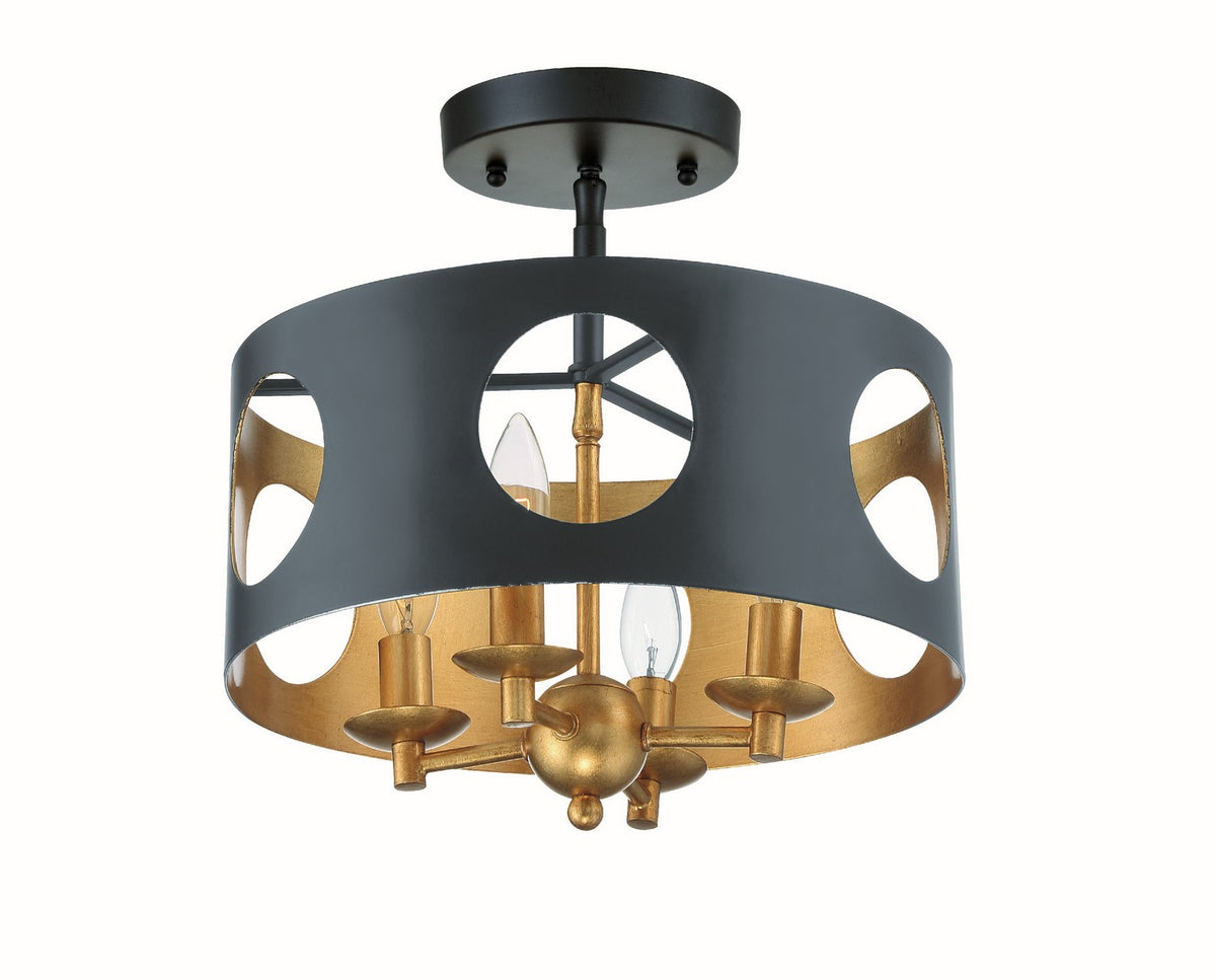 Odelle Four Light Semi Flush Mount in Black + Antique Gold