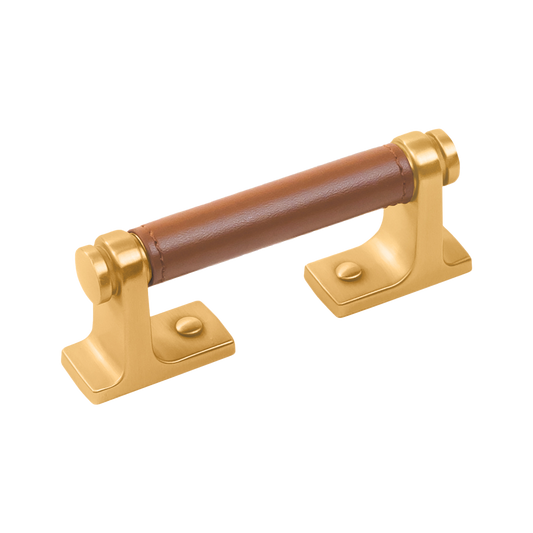 Reserve Collection Pull 3 Inch Center to Center Brushed Golden Brass with Brown Leather Finish
