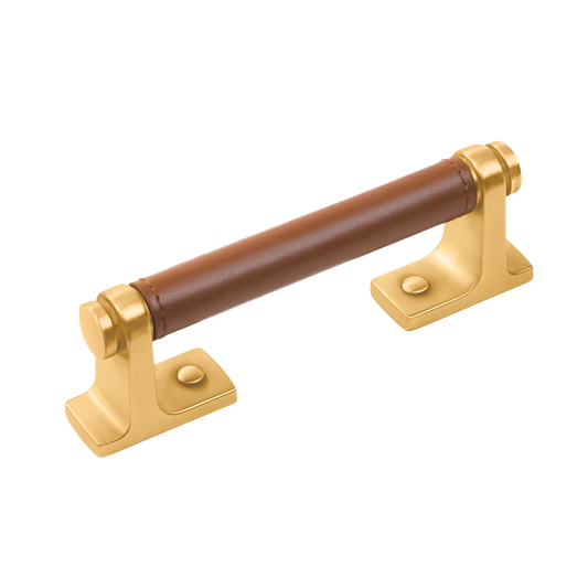 Reserve Collection Pull 3-3/4 Inch (96mm) Center to Center Brushed Golden Brass with Brown Leather Finish