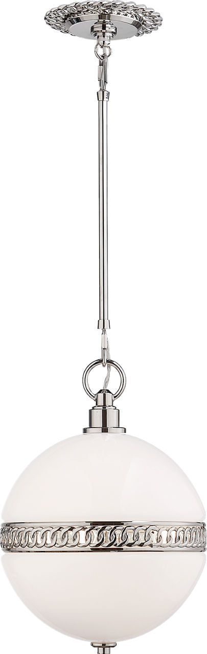 Hendricks Small Globe Pendant in Polished Nickel with White Glass.