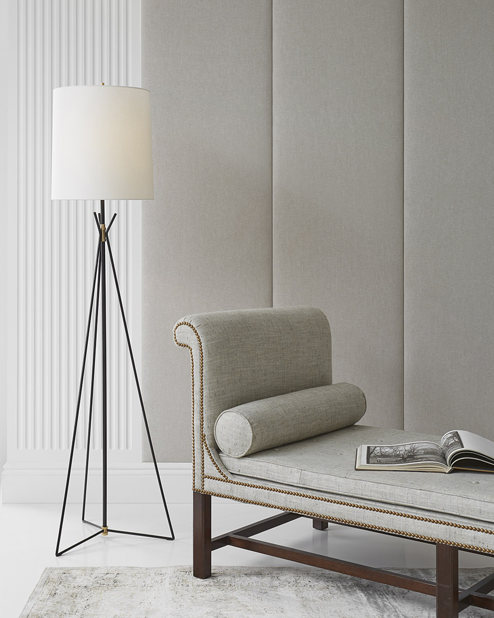 Tavares Large Floor Lamp in Aged Iron and Hand-Rubbed Antique Brass with Linen Shade