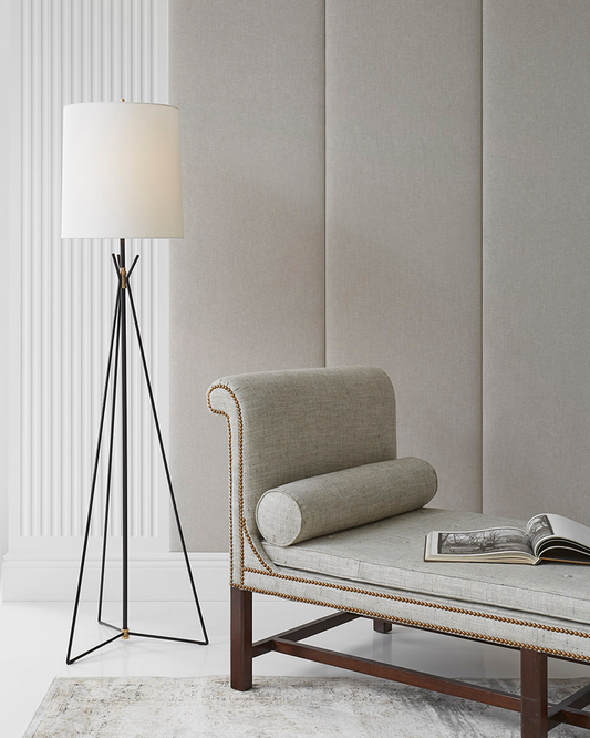 Tavares Large Floor Lamp in Aged Iron and Hand-Rubbed Antique Brass with Linen Shade