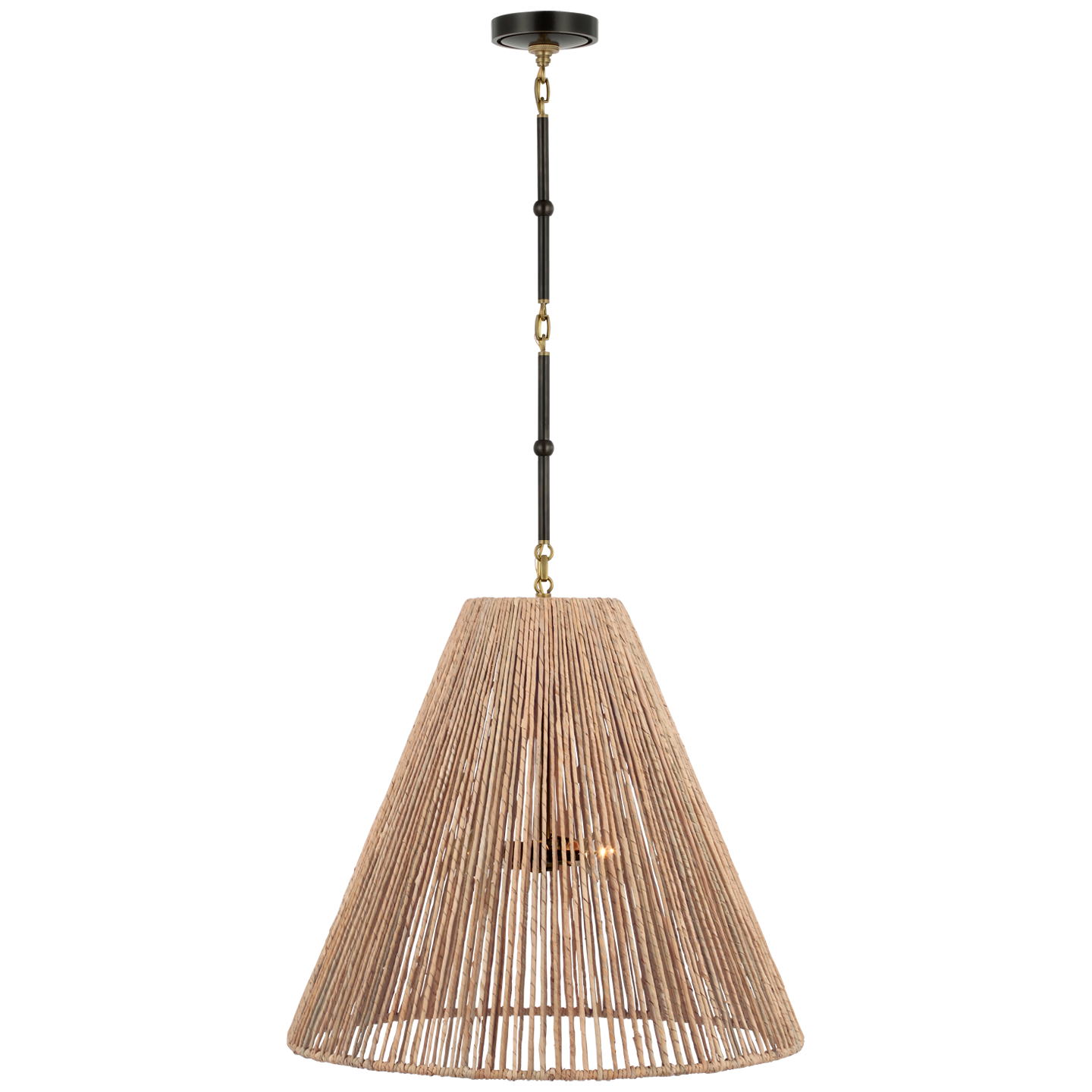 Goodman Large Hanging Lamp in Bronze and Hand-Rubbed Antique Brass with Natural Abaca Shade