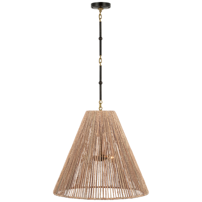 Goodman Large Hanging Lamp in Bronze and Hand-Rubbed Antique Brass with Natural Abaca Shade