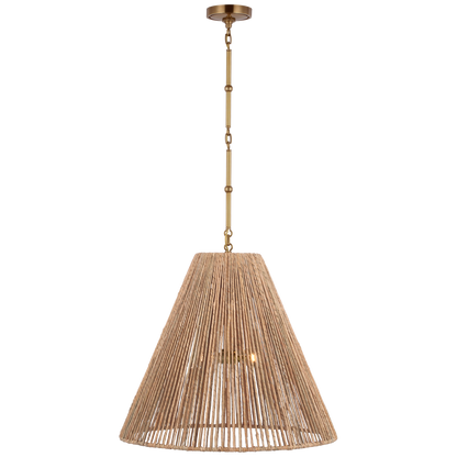 Goodman Large Hanging Lamp in Hand-Rubbed Antique Brass with Natural Abaca Shade